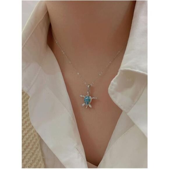 Turtle Necklace Earrings Set for Women Silver Opal Pendant Jewelry Fashion - Picture 2 of 5